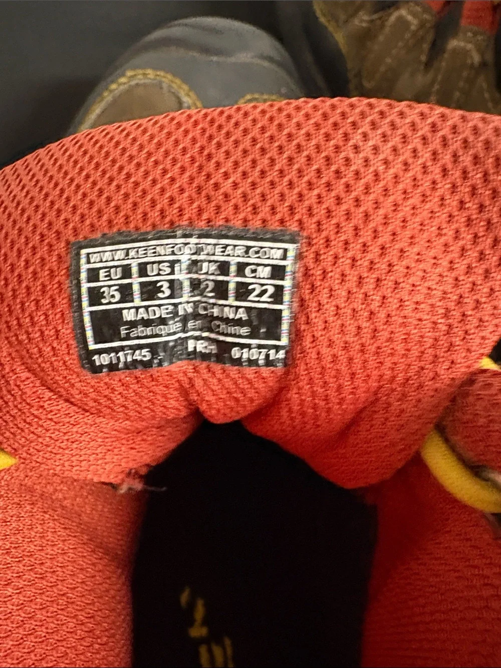 KEEN Kids Brown Hiking Boots with Yellow Laces and Red Trim